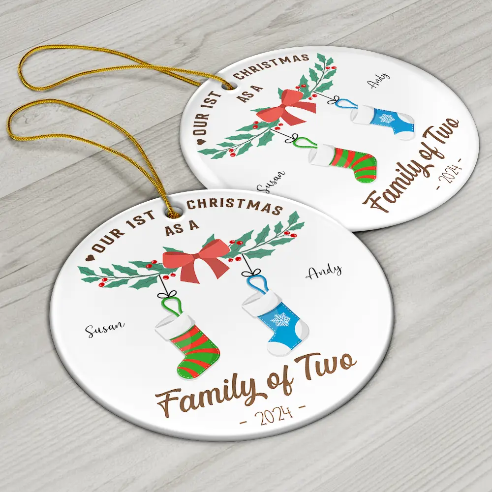 First Christmas As A Family Of Four Stocking - Personalized Circle Ceramic Ornament - Image 6
