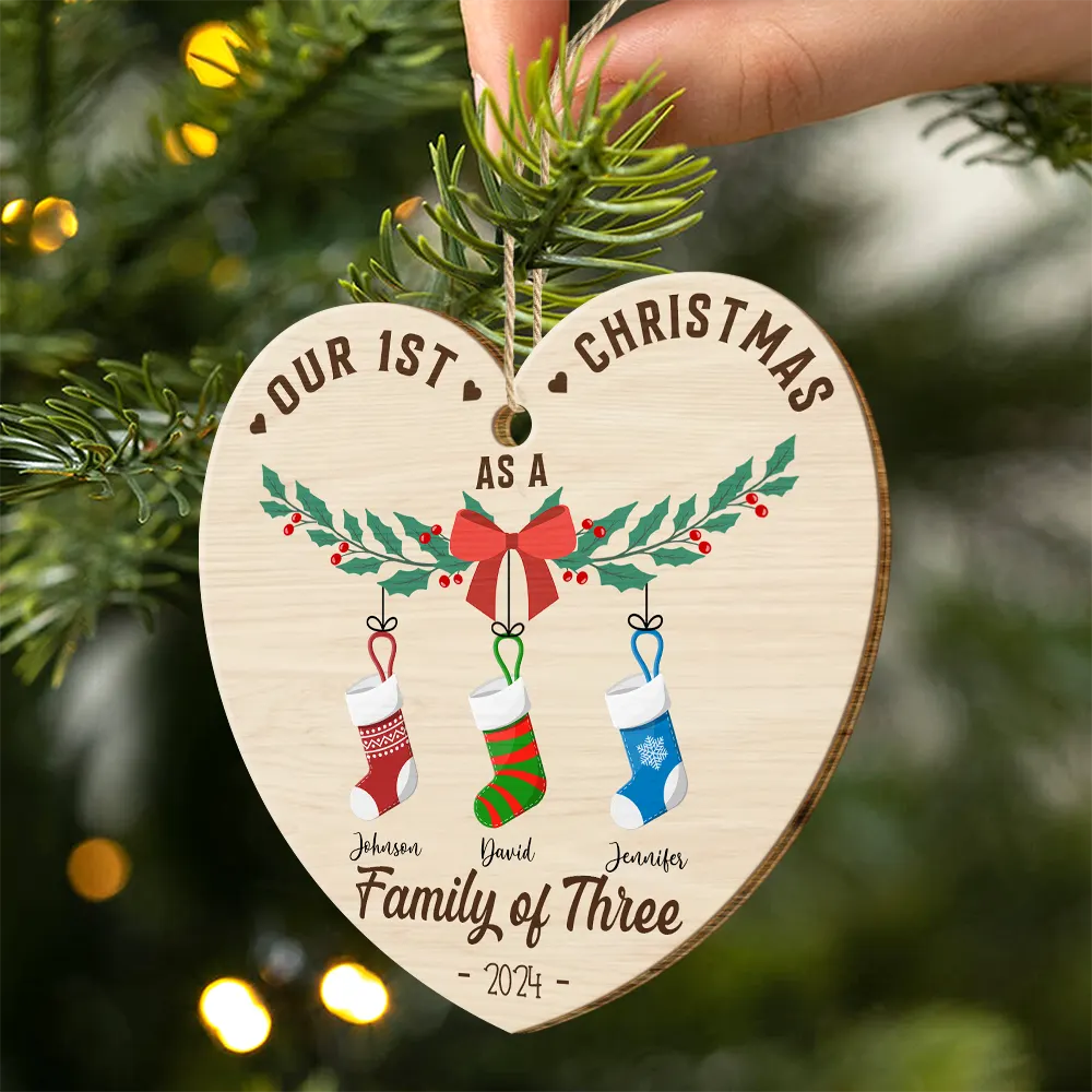 First Christmas As A Family Of Four Stocking - Personalized Custom Shaped Wooden Ornament - Image 2