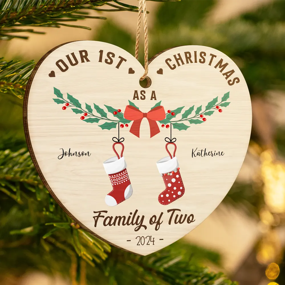 First Christmas As A Family Of Four Stocking - Personalized Custom Shaped Wooden Ornament - Image 3