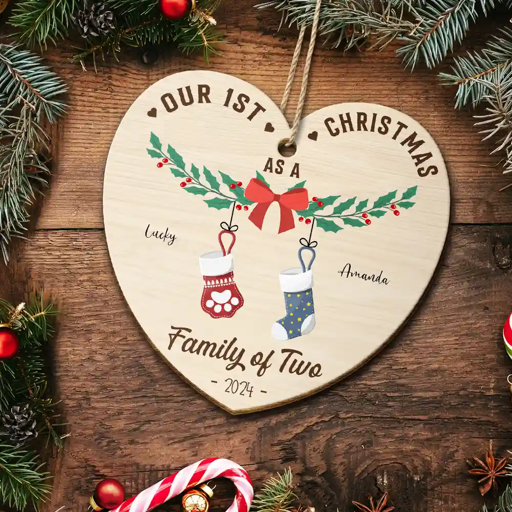 First Christmas As A Family Of Four Stocking - Personalized Custom Shaped Wooden Ornament - Image 5