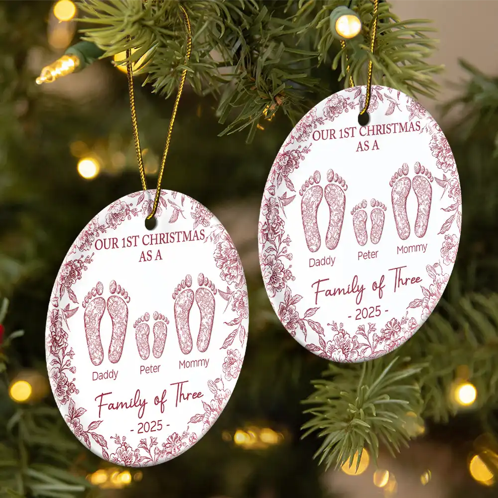 First Christmas As A Family Of Four Toile Footprints - Personalized Circle Ceramic Ornament - Image 2