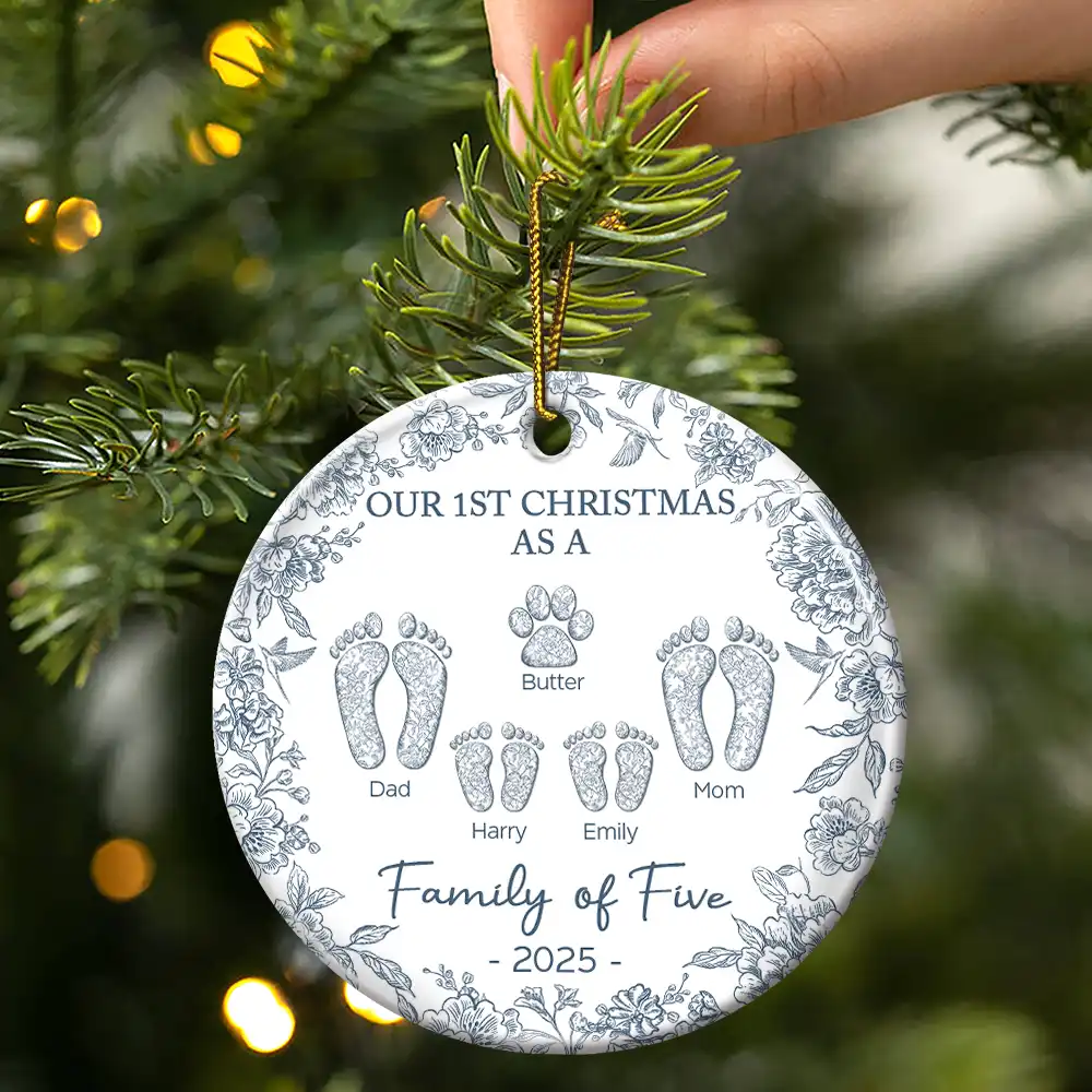 First Christmas As A Family Of Four Toile Footprints - Personalized Circle Ceramic Ornament - Image 3