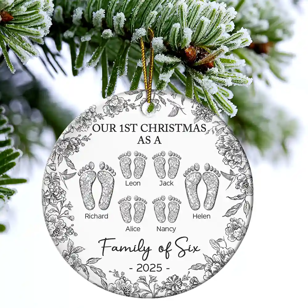First Christmas As A Family Of Four Toile Footprints - Personalized Circle Ceramic Ornament - Image 4