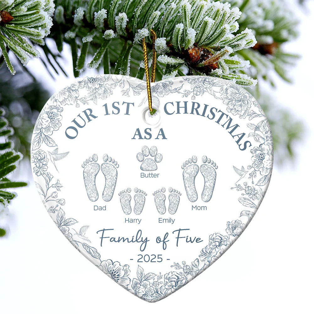 First Christmas As A Family Of Four Toile Footprints - Personalized Heart Ceramic Ornament - Image 4