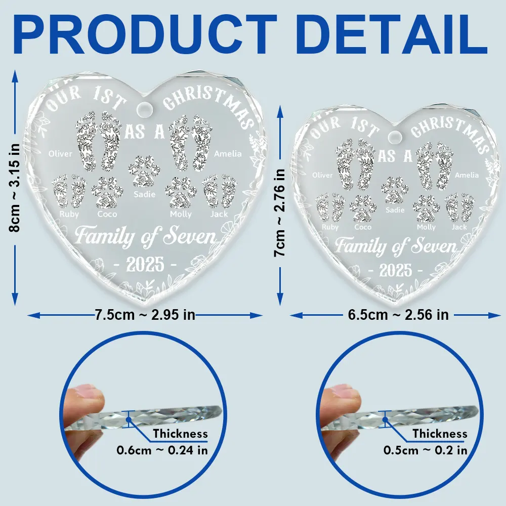 First Christmas As A Family Of Four Toile Footprints - Personalized Heart Shaped Glass Ornament - Image 5