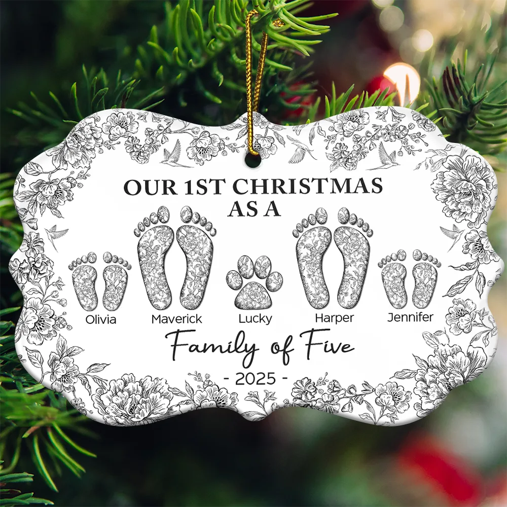 First Christmas As A Family Of Four Toile Footprints - Personalized Medallion Ceramic Ornament - Image 3