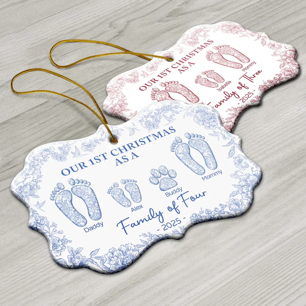 First Christmas As A Family Of Four Toile Footprints - Personalized Medallion Ceramic Ornament - Image 6