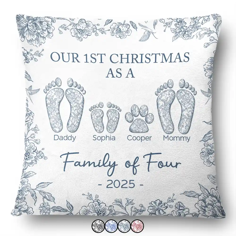 First Christmas As A Family Of Four Toile Footprints - Personalized Pillow