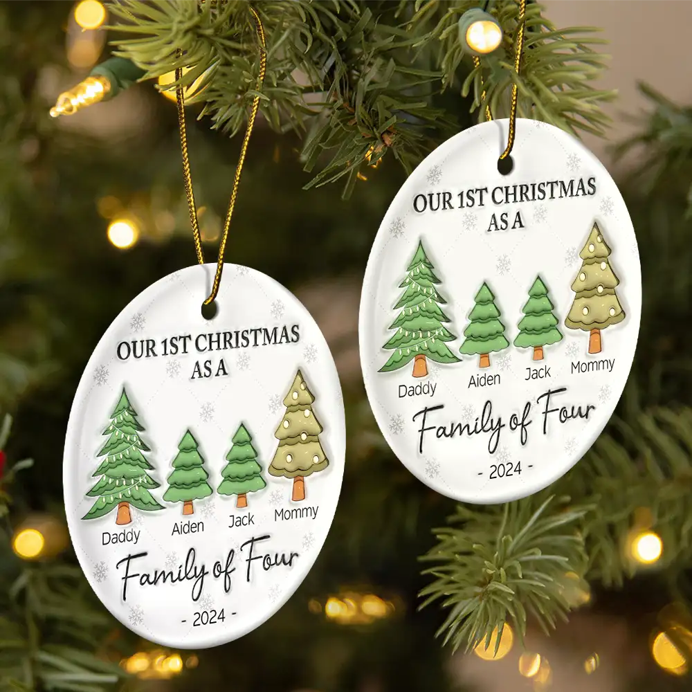 First Christmas As A Family Of Three - 3D Inflated Effect Printed Ornament, Personalized Circle Ceramic Ornament - Image 2