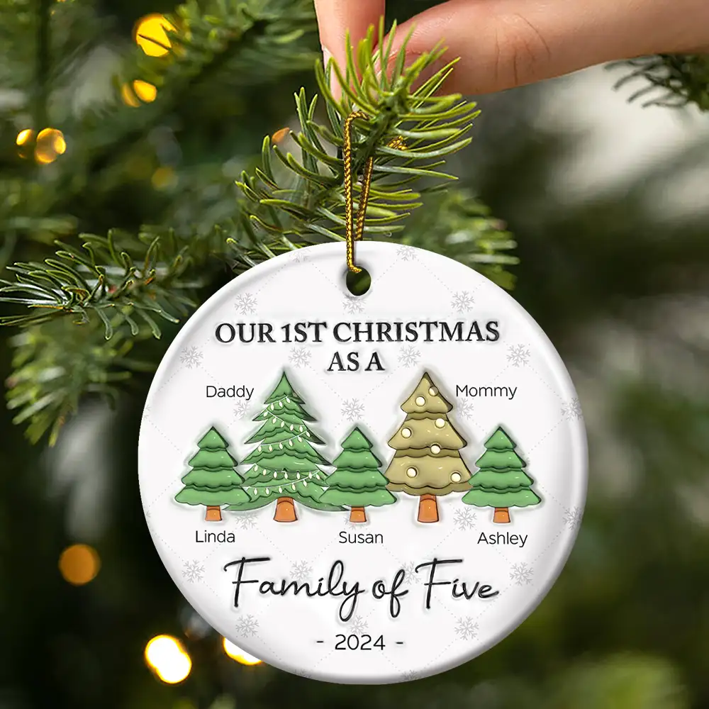 First Christmas As A Family Of Three - 3D Inflated Effect Printed Ornament, Personalized Circle Ceramic Ornament - Image 3