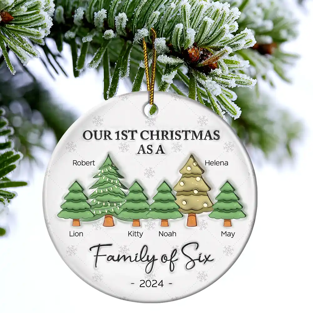 First Christmas As A Family Of Three - 3D Inflated Effect Printed Ornament, Personalized Circle Ceramic Ornament - Image 4