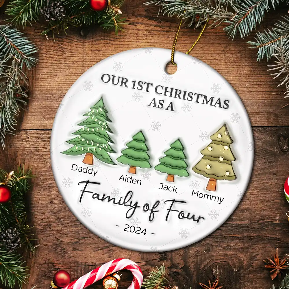 First Christmas As A Family Of Three - 3D Inflated Effect Printed Ornament, Personalized Circle Ceramic Ornament - Image 5