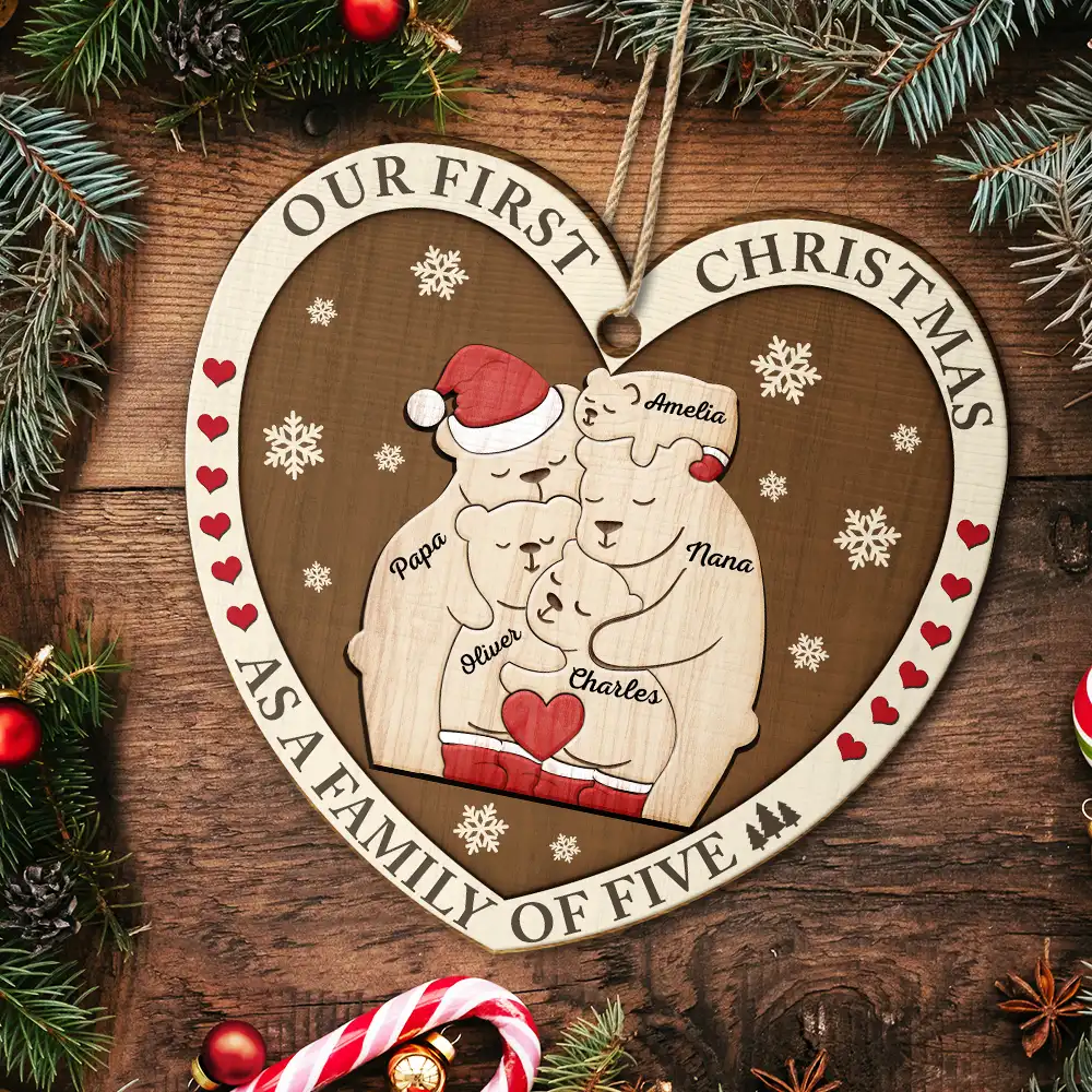 First Christmas As A Family Of Three Bears - Personalized Custom Shaped Wooden Ornament - Image 5