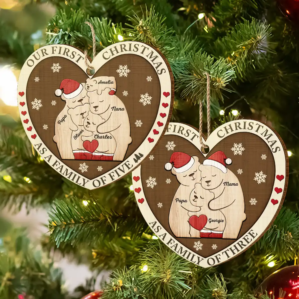 First Christmas As A Family Of Three Bears - Personalized Custom Shaped Wooden Ornament - Image 6
