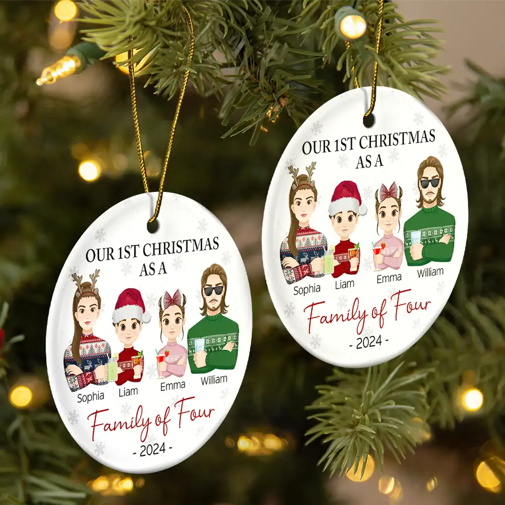 First Christmas As A Family Of Three Flat Art - Personalized Circle Ceramic Ornament - Image 2