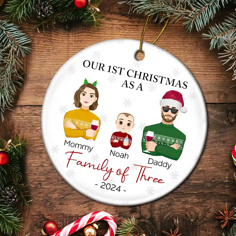 First Christmas As A Family Of Three Flat Art - Personalized Circle Ceramic Ornament - Image 5