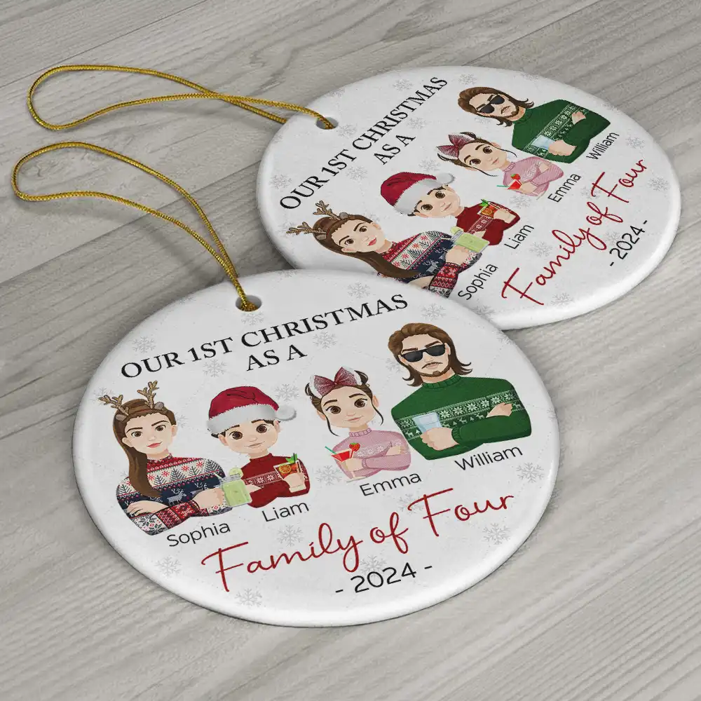 First Christmas As A Family Of Three Flat Art - Personalized Circle Ceramic Ornament - Image 6