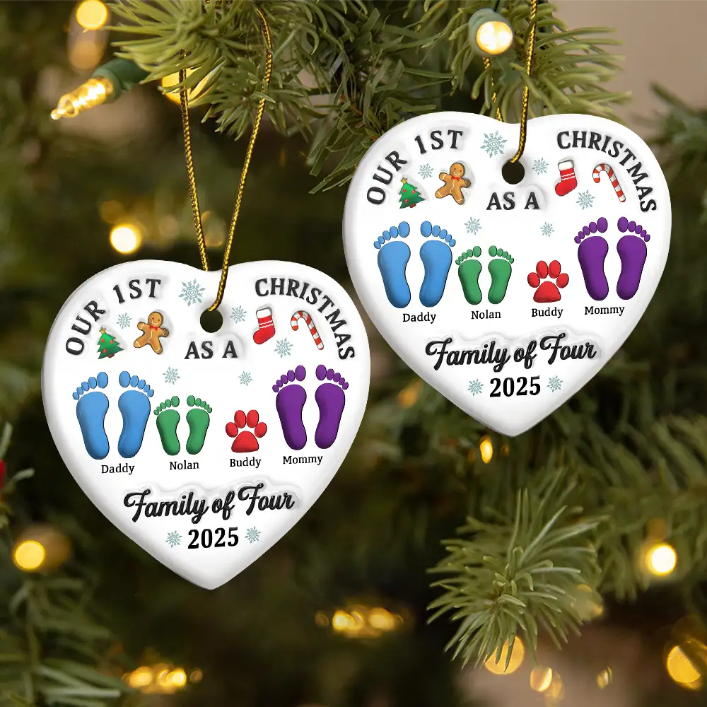 First Christmas As A Family Of Three Footprints 3D Effect - Personalized Heart Ceramic Ornament - Image 2
