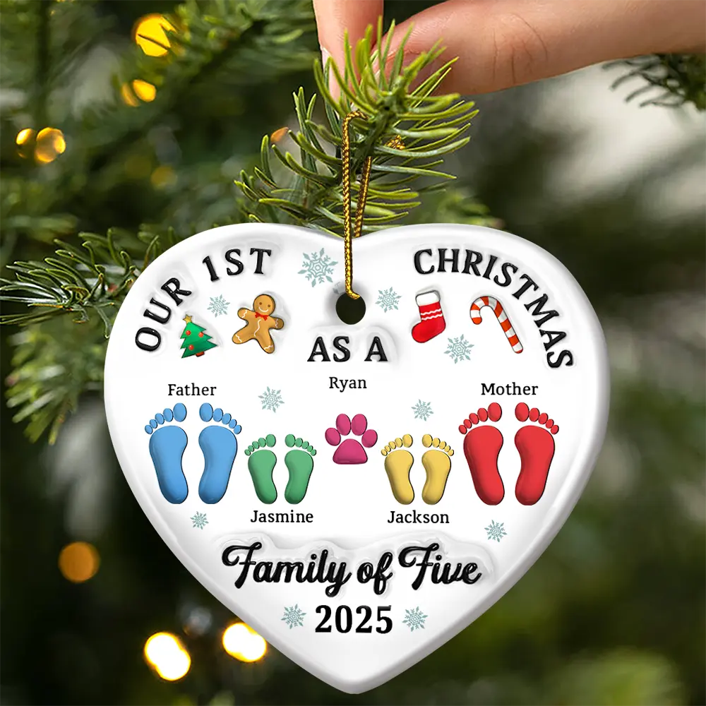 First Christmas As A Family Of Three Footprints 3D Effect - Personalized Heart Ceramic Ornament - Image 3