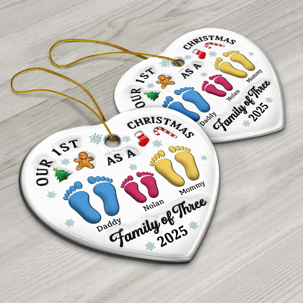 First Christmas As A Family Of Three Footprints 3D Effect - Personalized Heart Ceramic Ornament - Image 6