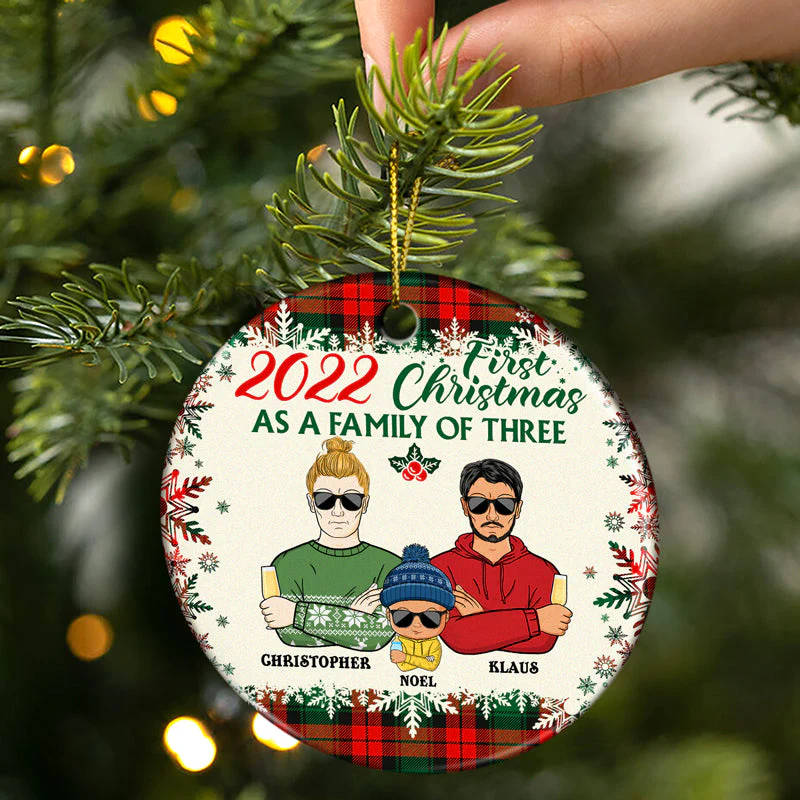First Christmas As A Family Of Three - Gift For New Parents - Personalized Custom Circle Ceramic Ornament - Image 2
