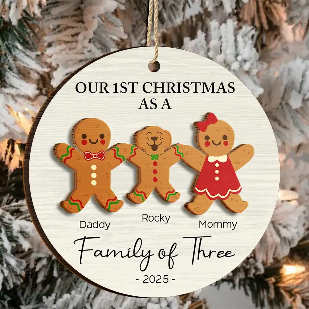 First Christmas As A Family Of Three Gingerbread - Personalized 2-Layered Wooden Ornament - Image 3