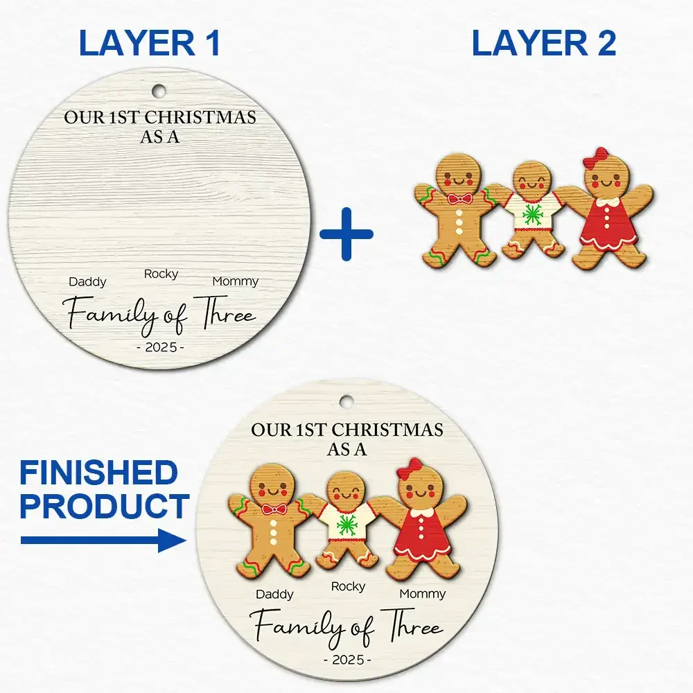 First Christmas As A Family Of Three Gingerbread - Personalized 2-Layered Wooden Ornament - Image 6