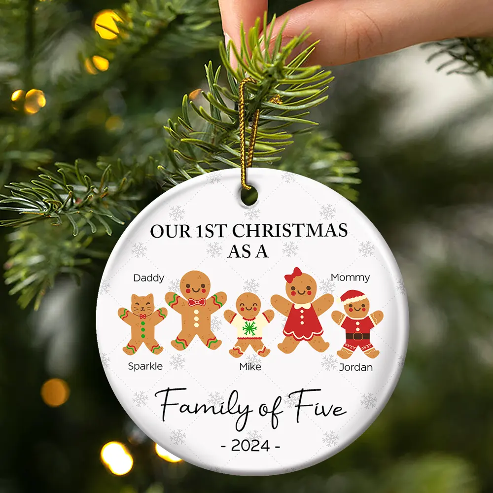 First Christmas As A Family Of Three Gingerbread - Personalized Circle Ceramic Ornament - Image 3