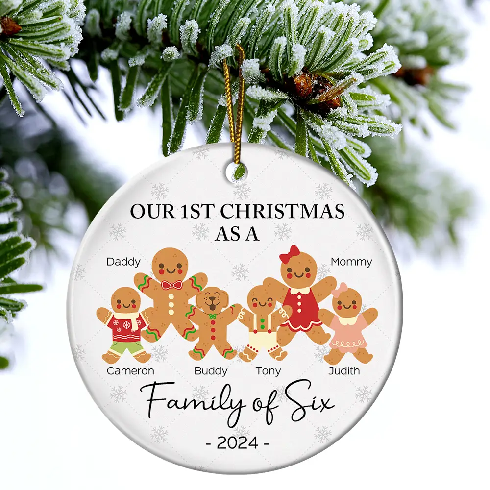 First Christmas As A Family Of Three Gingerbread - Personalized Circle Ceramic Ornament - Image 4
