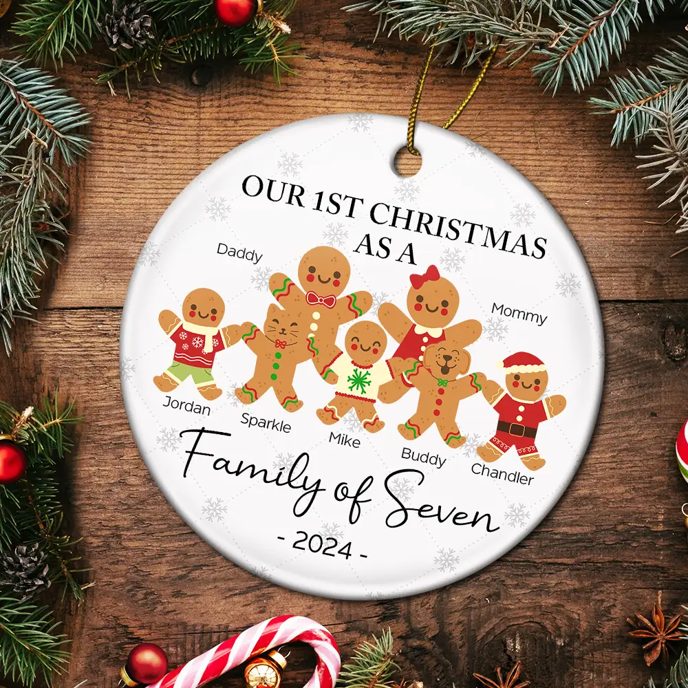 First Christmas As A Family Of Three Gingerbread - Personalized Circle Ceramic Ornament - Image 5