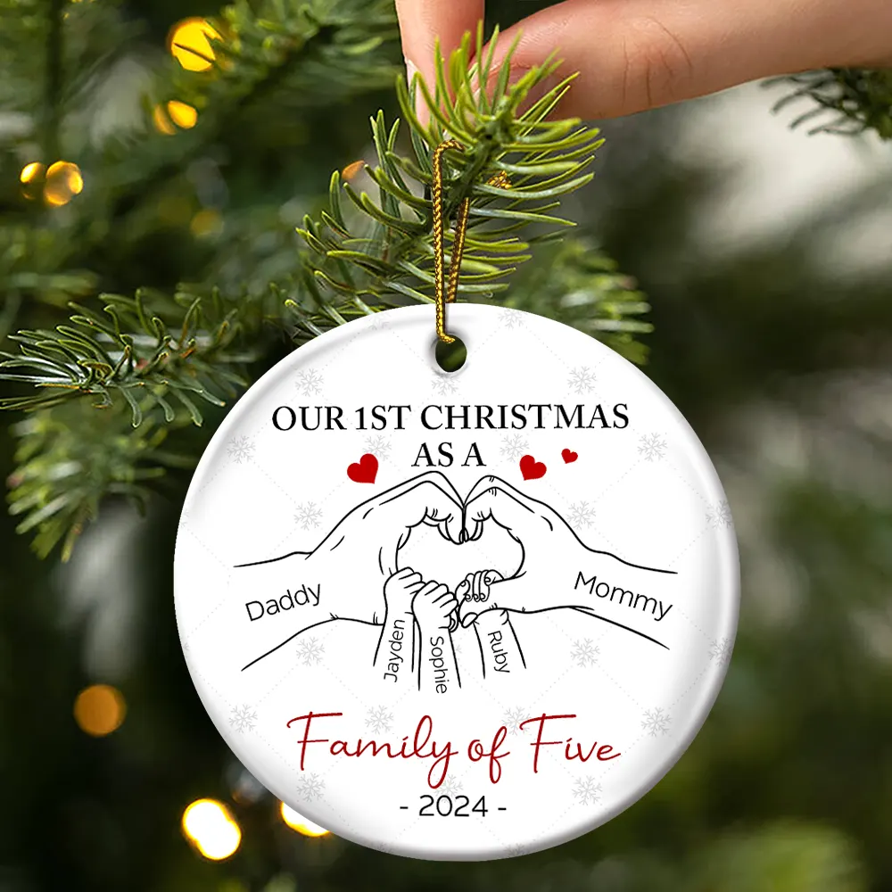 First Christmas As A Family Of Three Hand Heart - Personalized Circle Ceramic Ornament - Image 3