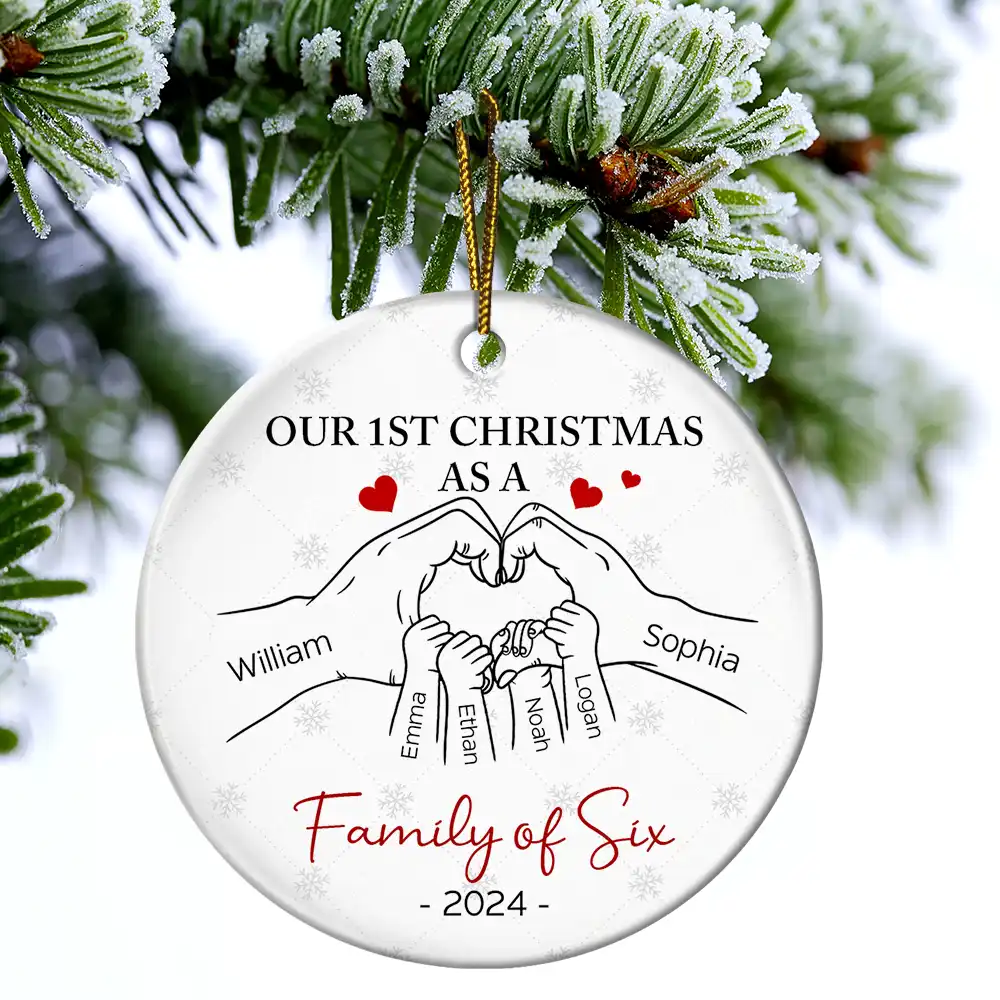 First Christmas As A Family Of Three Hand Heart - Personalized Circle Ceramic Ornament - Image 4