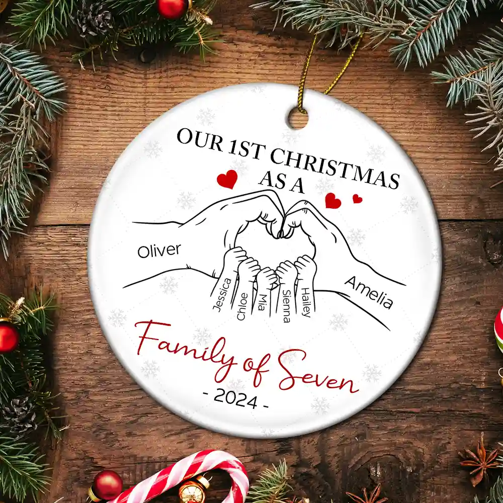 First Christmas As A Family Of Three Hand Heart - Personalized Circle Ceramic Ornament - Image 5
