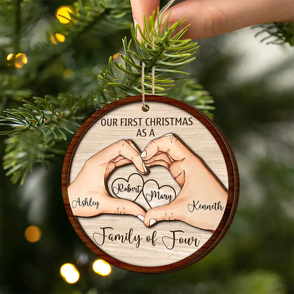 First Christmas As A Family Of Three Holding Hand - Personalized 2-Layered Wooden Ornament - Image 2