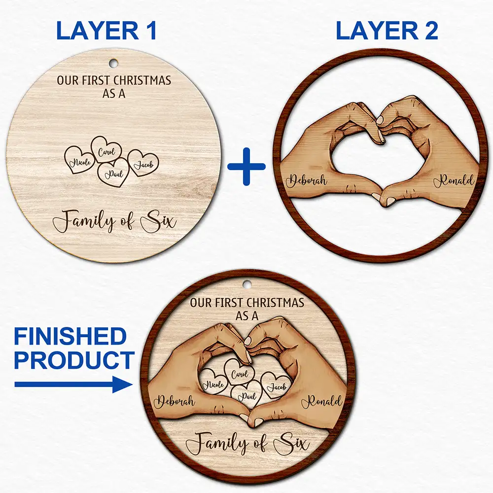 First Christmas As A Family Of Three Holding Hand - Personalized 2-Layered Wooden Ornament - Image 6