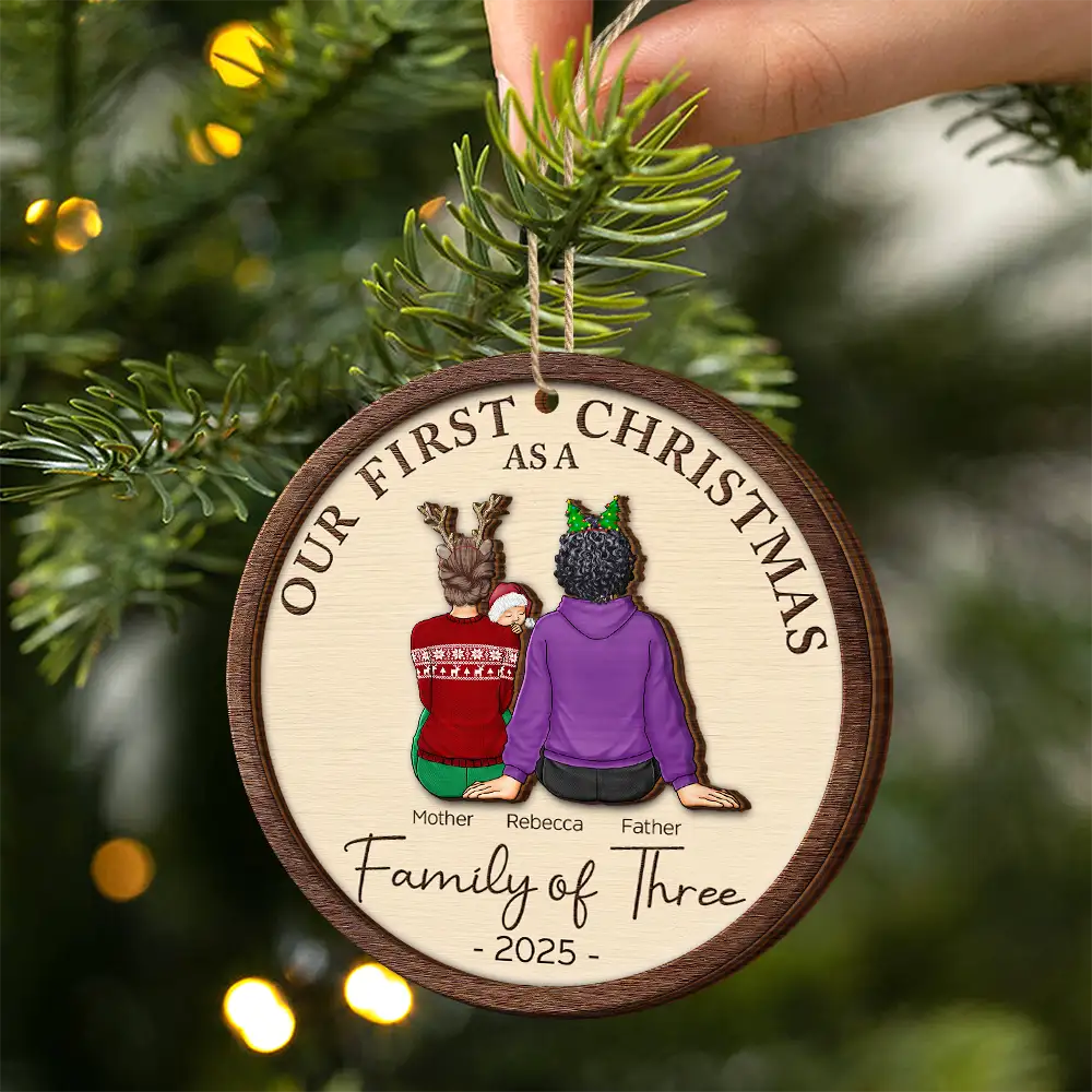First Christmas As A Family Of Three New Parents - Personalized 2-Layered Wooden Ornament - Image 2