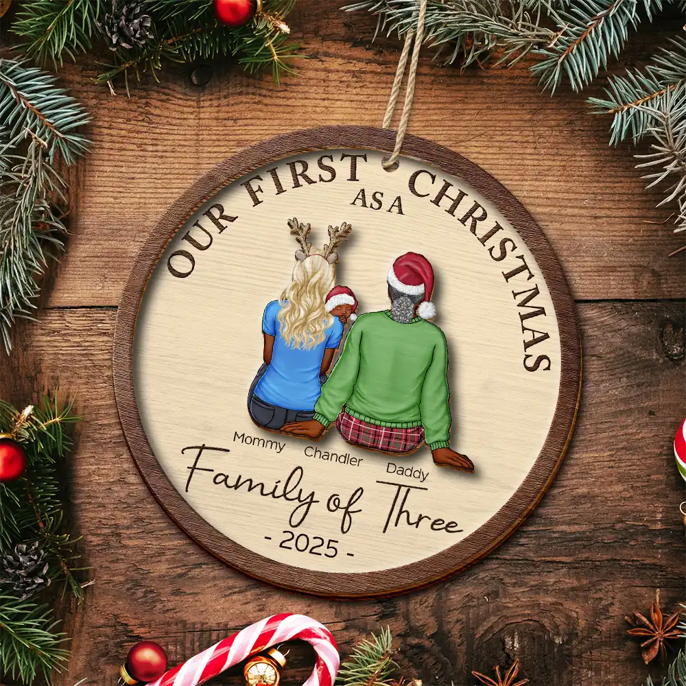 First Christmas As A Family Of Three New Parents - Personalized 2-Layered Wooden Ornament - Image 5