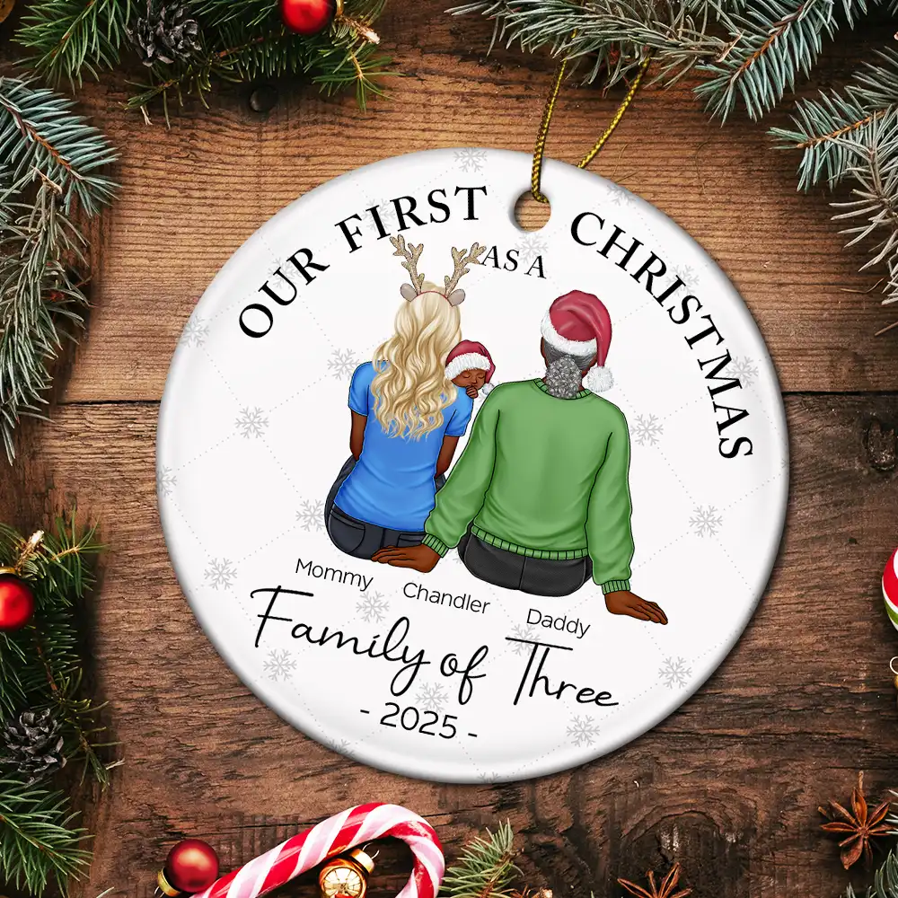 First Christmas As A Family Of Three New Parents - Personalized Circle Ceramic Ornament - Image 5