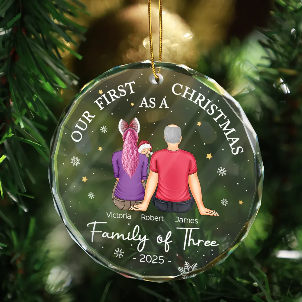 First Christmas As A Family Of Three New Parents - Personalized Circle Glass Ornament - Image 3