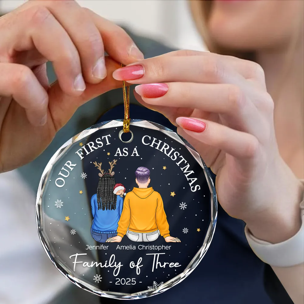 First Christmas As A Family Of Three New Parents - Personalized Circle Glass Ornament - Image 4