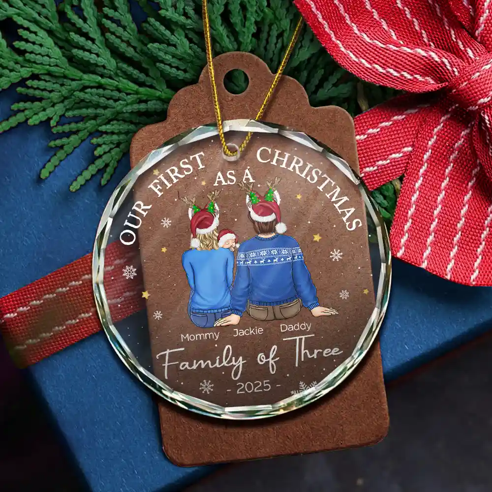 First Christmas As A Family Of Three New Parents - Personalized Circle Glass Ornament - Image 5