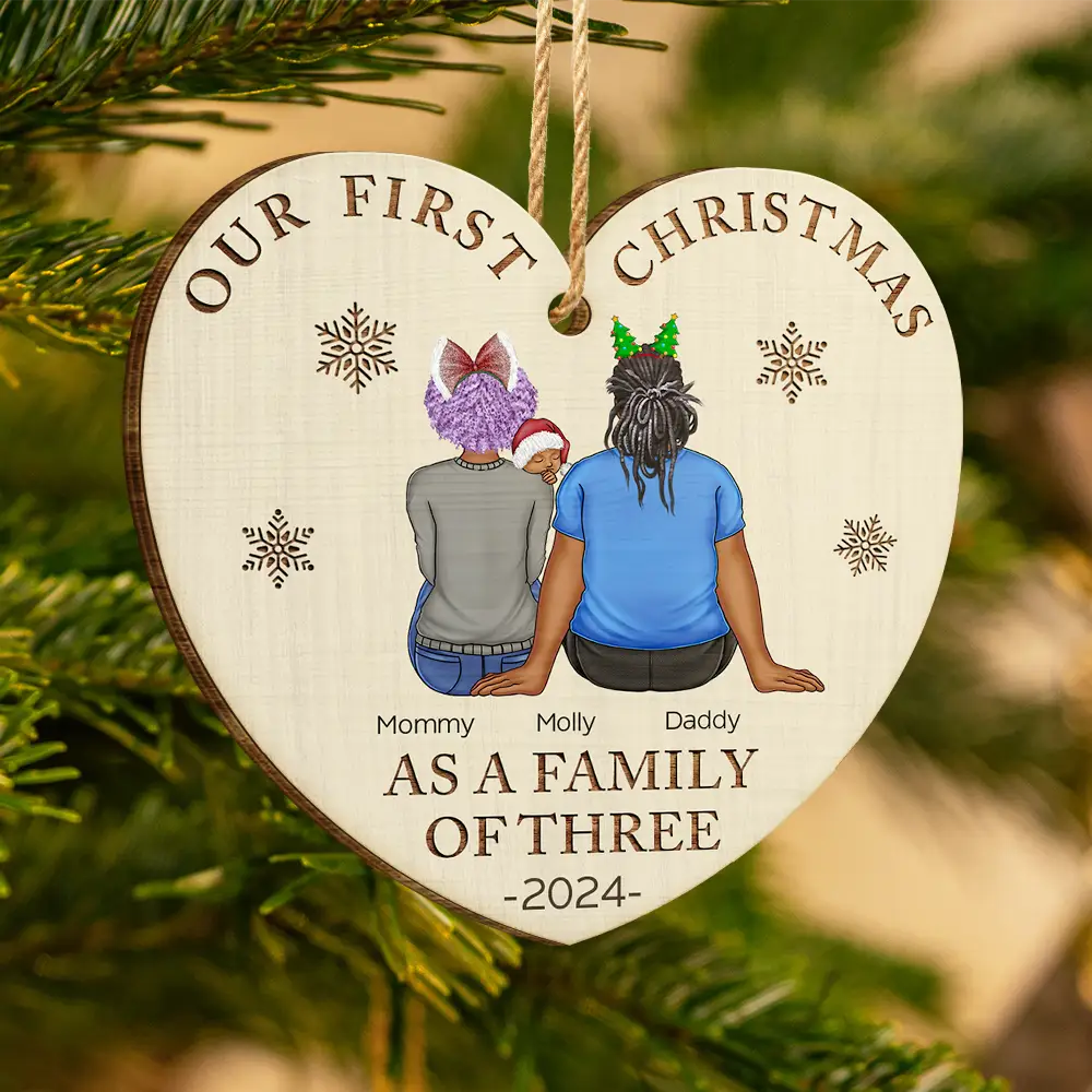 First Christmas As A Family Of Three New Parents - Personalized Custom Shaped Wooden Ornament - Image 3