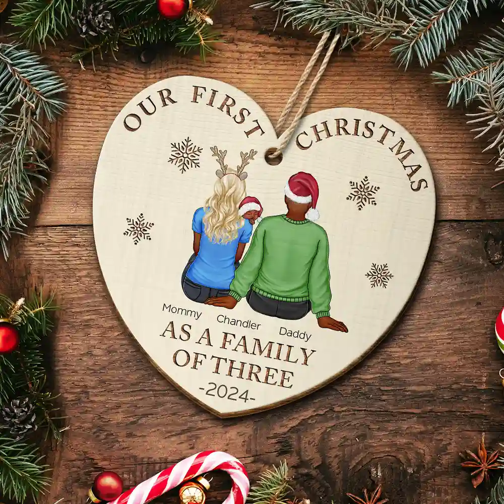 First Christmas As A Family Of Three New Parents - Personalized Custom Shaped Wooden Ornament - Image 5