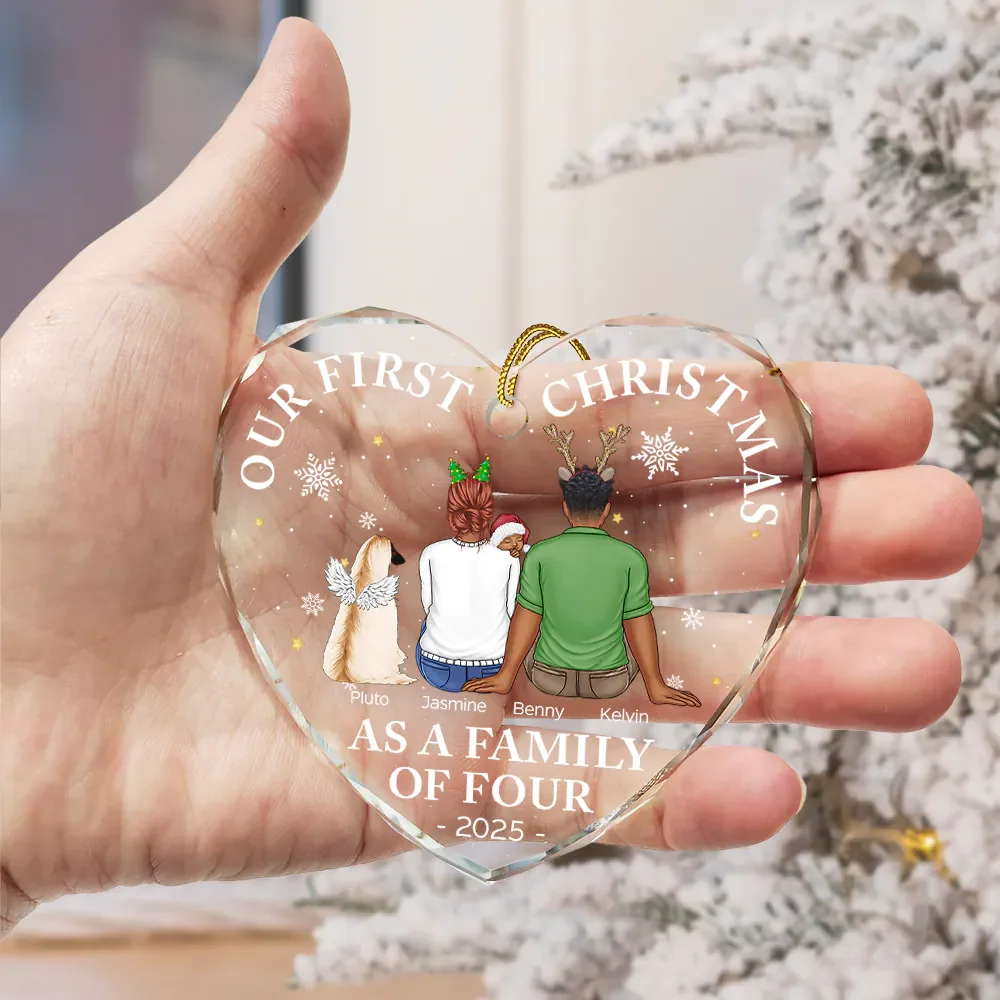 First Christmas As A Family Of Three New Parents - Personalized Heart Shaped Glass Ornament - Image 3