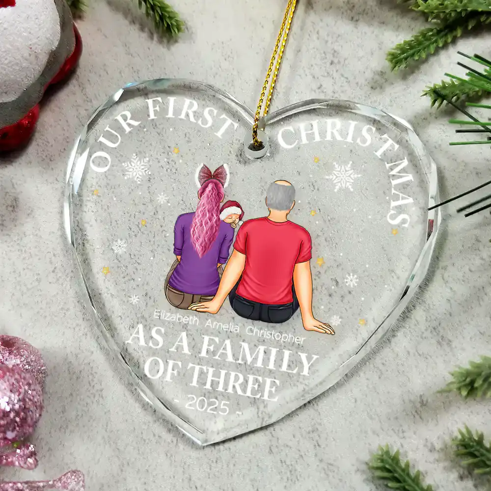 First Christmas As A Family Of Three New Parents - Personalized Heart Shaped Glass Ornament - Image 4