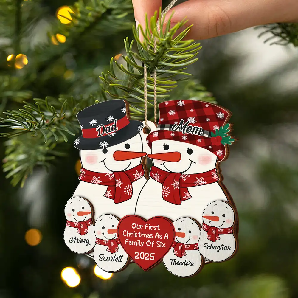 First Christmas As A Family Of Three New Parents Snowman - Personalized 2-Layered Wooden Ornament - Image 2