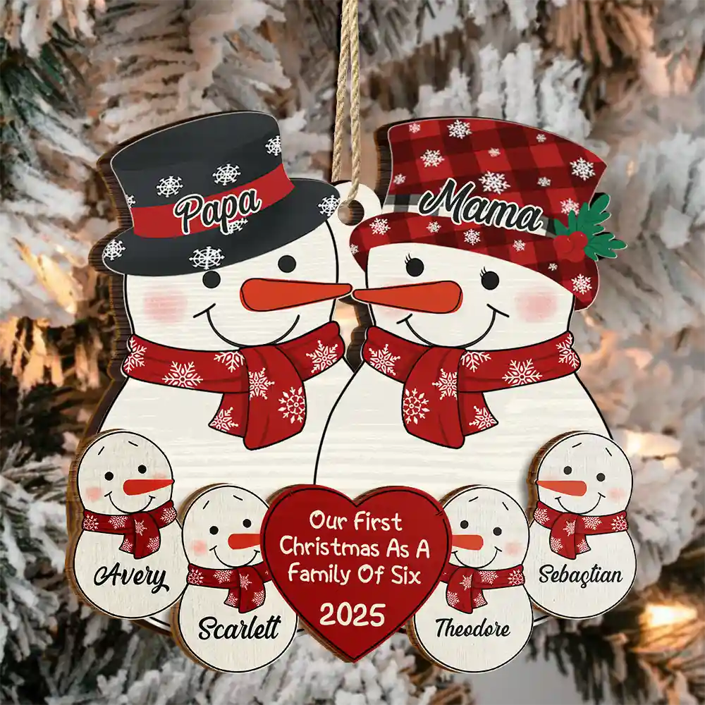 First Christmas As A Family Of Three New Parents Snowman - Personalized 2-Layered Wooden Ornament - Image 3