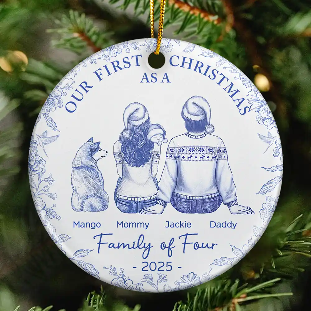 First Christmas As A Family Of Three New Parents Toile - Personalized Circle Ceramic Ornament - Image 2