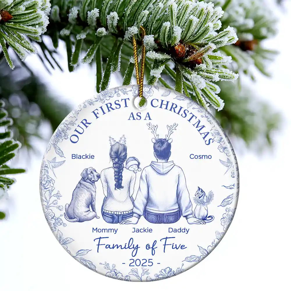 First Christmas As A Family Of Three New Parents Toile - Personalized Circle Ceramic Ornament - Image 5