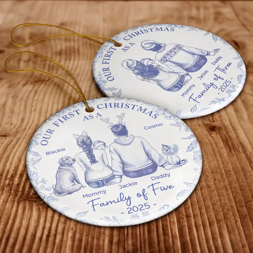 First Christmas As A Family Of Three New Parents Toile - Personalized Circle Ceramic Ornament - Image 7